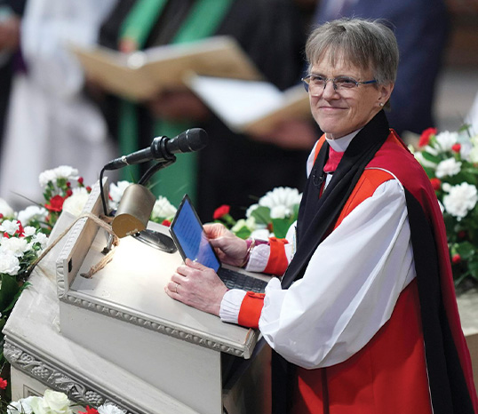 Rev. Mariann Budde leads the national prayer service attended by President Donald Trump at the Washington National Cathedral, Tuesday, Jan. 21, 2025, in Washington. (AP Photo/Evan Vucci)